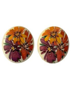 Vintage Floral Stud Earrings Hand Painted Oval Cream Resin Bold Statement 1.25”